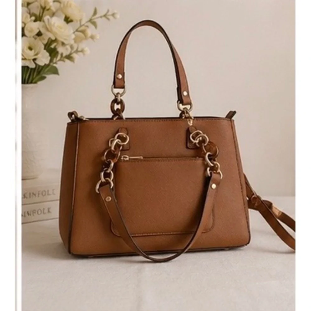Tan Brown Saffiano Crossbody Satchel Bag Tortoiseshell Chain Link Gold Hardware